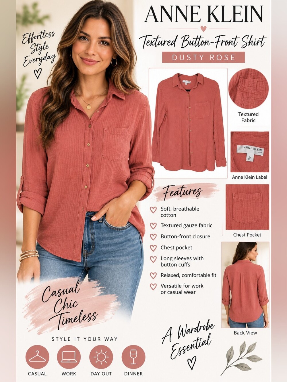 Anne Klein Cotton Textured Button-Front Shirt - Dusty Rose